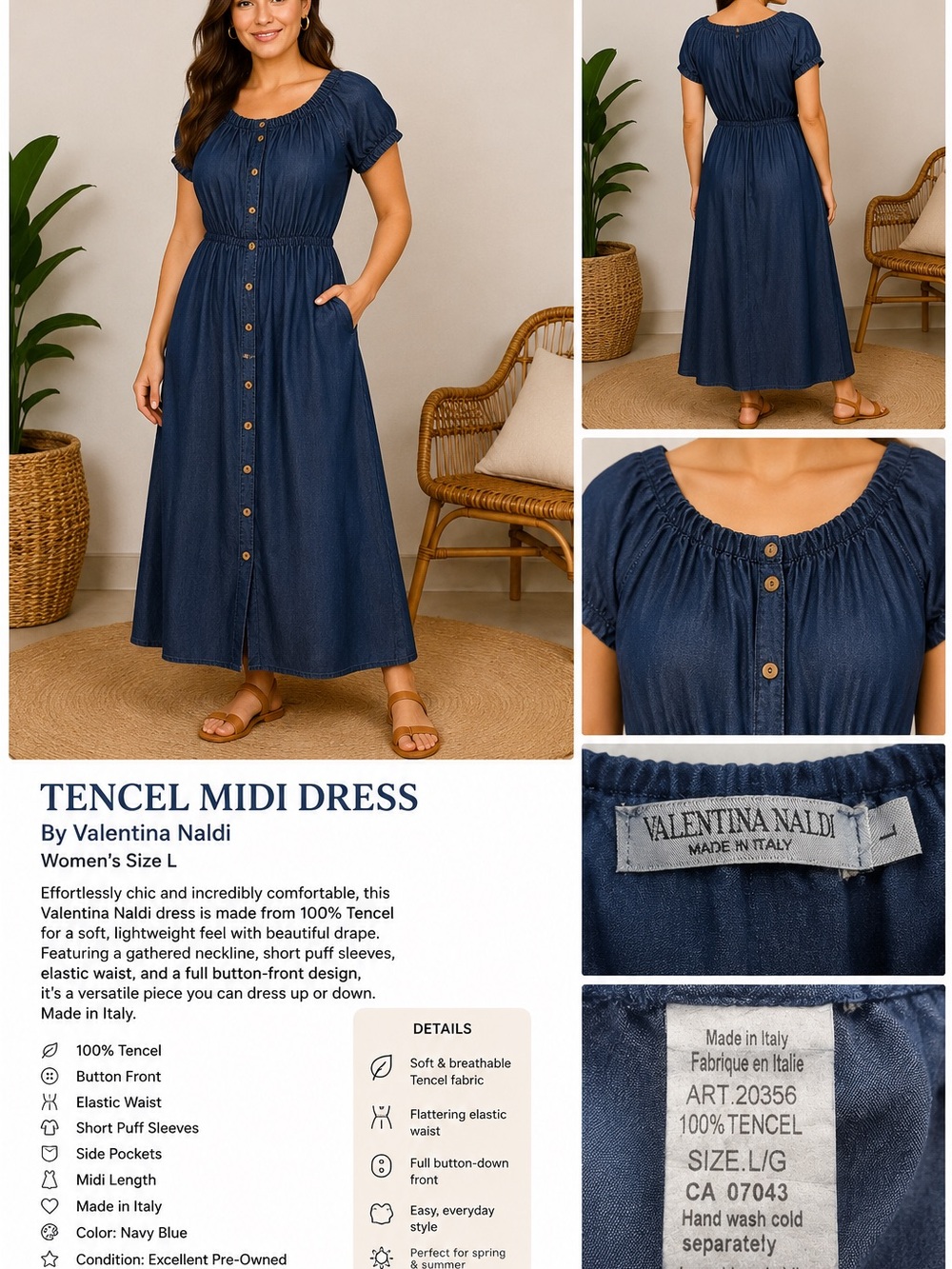 Valentina Navy Blue Button-Front Tencel Midi Dress